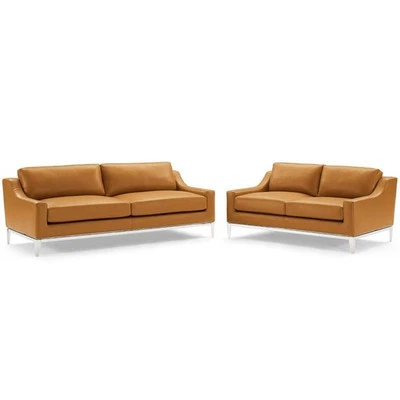 Modway Harness Stainless Steel & Leather Sofa and Loveseat Set in Tan - Image 1 of 4