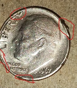 1967 P Roosevelt Dime - Serious Rim Die Damage Both Obverse and Reverse. - Picture 1 of 4