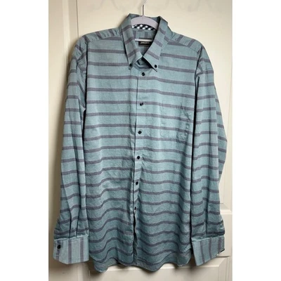 Neiman Marcus Striped Button-Up Shirt XL Blue Gray Cotton Gingham Trim Classic - Image 1 of 4