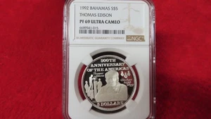 1992 BAHAMAS SILBER 5 DOLLARS THOMAS EDISON NGC PF 69 ULTRA CAMEO TOP POP - Bild 1 von 4