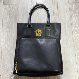 Versace Medusa Tote Bag Black Leather Handbag Gold Logo Plate Vintage Italy - Picture 1 of 18