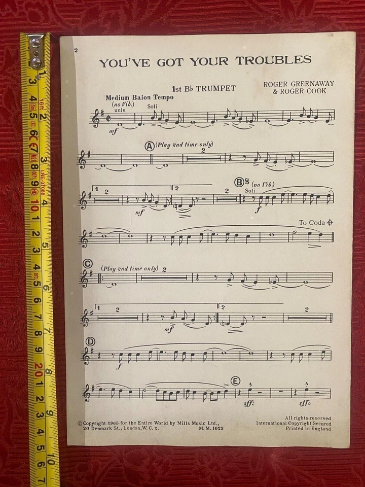 Sheet Music " You've Got Your Troubles" 1st Bb Trumpet  2 Page  REF00062 - Image 1 of 1