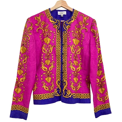 Chaqueta De Colección ADRIANNA PAPELL 100% Seda Barroco Estampado De Pergamino Para Mujer Talla 8 Rosa Foto 1 de 4
