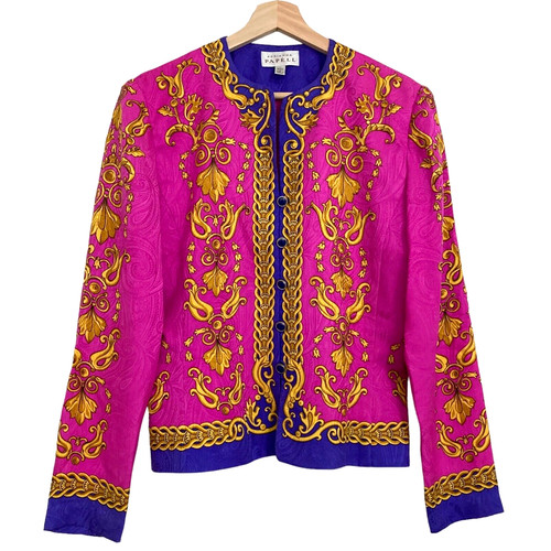 Vintage ADRIANNA PAPELL Silk Baroque Scroll Print Jacket Size 8 Pink Lined EUC