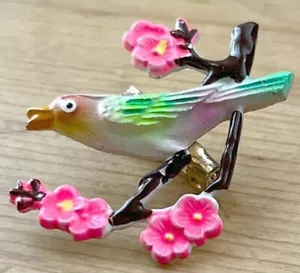 Vintage ROK Brooch Pin Enamel Bird on Branch of Pink Flowers 1.5" - Picture 1 of 5