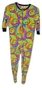 Girls Fun Footies Tie Dye Multicolor Smiley Face One Piece Fleece Pajama - Picture 1 of 3