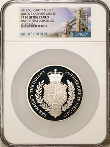 Great Britain 2017 £10 QE2 Sapphire Jubilee 5 oz Silver PF70UCAM NGC 4523673-154 - Picture 1 of 6