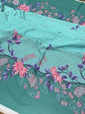Vtg Green Pink Purple Jersey Uneven Double Edge Floral Print Fabric 68" x 62" - Image 1 of 4