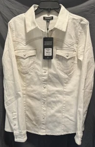 TRUE RELIGION WOMEN’S WESTERN DENIM WINTER WHITE SHIRT JACKET SIZE L $99 - Picture 1 of 4
