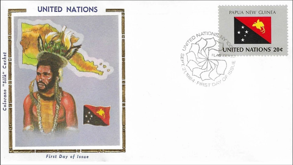 Papua New Guinea National Costume Dress Flag Map UN Gold Folio Silk FDC 1984 - Image 1 of 1