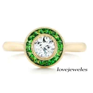 Anillo de compromiso de halo vintage de moissanita real de 1,55 quilates de corte redondo de oro amarillo de 14 quilates FN - Imagen 1 de 6