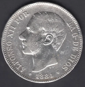 Spain Currency Alfonso XII 5 Pesetas 1884 18 84, Msm - Picture 1 of 2