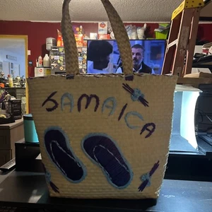 vintage jamaica handmade straw purple sandals design beach bag tote - Picture 1 of 5