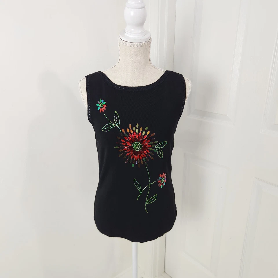Sweater Works Top Womens M Black Sequin Floral Vintage Beaded Sweater 90s Cute - Изображение 1 из 4