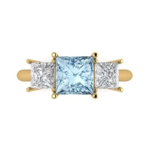 2.5Ct Princess Natural Sky Blue Topaz 3 Stone Engagement Ring, 14K Yellow Gold - Picture 1 of 11