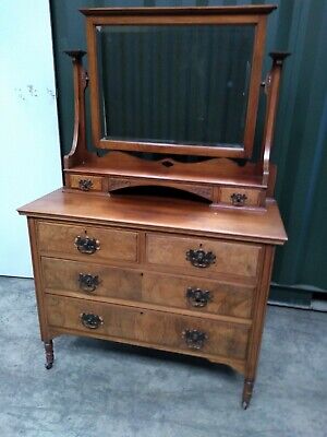 Arts & Crafts Dressing Table Bevelled Mirror, 4 Short & 2 Long Drawers Rosewood? • 175£