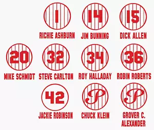 Decalcomanie vinile baseball maglia gessato Phillies ritirata (10 fogli numerici) 5"h ea - Foto 1 di 3