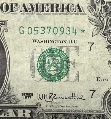 Series 1977 Star Note $1 Dollar Bill Vintage Currency Collectible For Collectors - Image 1 of 3