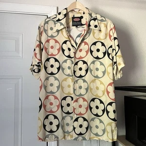 PETALS AND PEACOCKS ivory floral multicolor rainbow groovy rayon button up shirt - Picture 1 of 5
