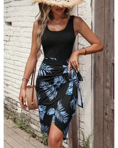 Everyday the Label Wrap Midi Dress Leaf Print Women Blue Dresses - Foto 1 di 5