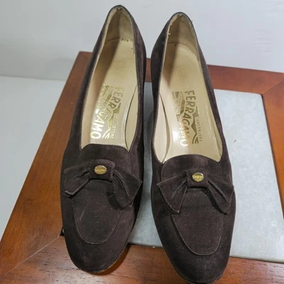 De Colección Salvatore Ferragamo Florence Marrón Puntera Almendra Gamuza con Lazo Mocasines Talla 5.5 Foto 1 de 4