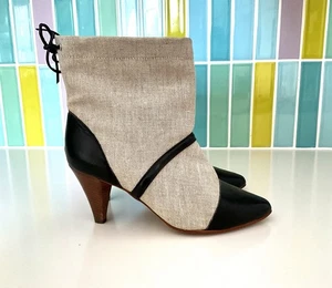 Vintage 70er Jahre Leinen Mary Jane Paper Bag Stiefel - Bild 1 von 7