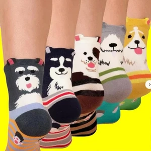 1 - 5 Pairs Women's Soft Cute Dog Print Colourful Ankle Length Socks 3-6 UK  110 - Picture 1 of 8