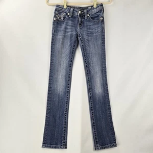 Miss Me Girls Skinny Blue Jeans Denim Sequin Fleur de Lis Sz 14 - Picture 1 of 24