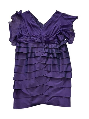 Adrianna Papell Tiered Flutter Sleeve Silk Cocktail Dress Size 24W Plum Purple - Image 1 of 4