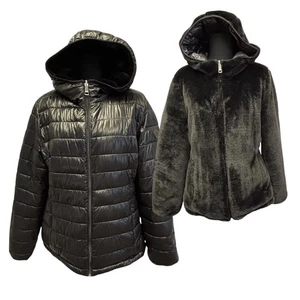 ANDREW MARC Hooded Puffer Jacket Damen L Wende Kunstfell Taschen NEU - Bild 1 von 13