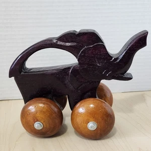 Vintage Hand Carved Wooden Elephant Toy on Wheels Folk Art Push Pull - Picture 1 of 6