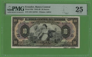 ECUADOR 10 SUCRES 1949 GM PICK # 92d PMG 25 VERY FINE. - Picture 1 of 2