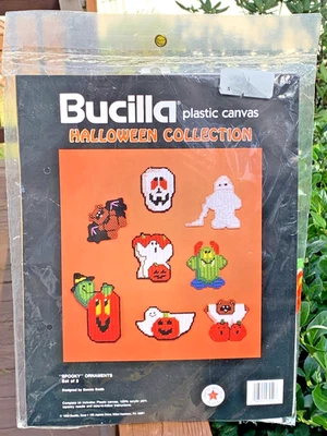 Bucilla Spooky Halloween Ornaments Plastic Canvas Kit Vintage 1990 Set of 8  NEW - Image 1 of 3