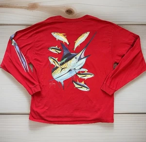GUY HARVEY T-shirt homme XLarge coton rouge manches longues marlin pêche poche logo - Photo 1/6