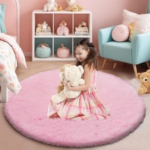 Pink Fluffy Round Rug, Soft Area Rugs for Girls Room,Shaggy 5x5 Feet, - Picture 1 of 7