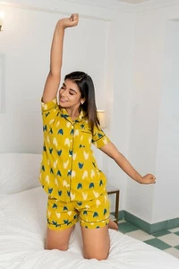 Women Cotton Printed Pajamas Set Short Sleeve Sleepwear Pj Loungewear Homewear - Picture 1 of 9