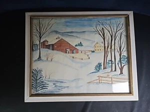VINTAGE Signed Original Watercolor Tan Farmhouse Red Barn Winter Folk Art 1958 - Picture 1 of 12