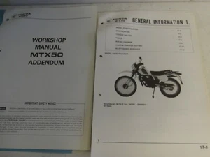 HONDA MTX50 GENUINE HONDA WORKSHOP MANUAL ADDENDUM - Picture 1 of 2