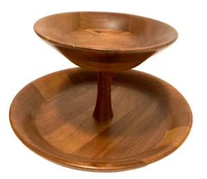 MCM Fame Walnut Wooden Fruit Chip Dip Snack 2 Tiered Bowl 10" / 6.75" / 6.5" Vtg - Picture 1 of 19