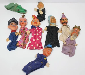 Lot of 9 Vintage Assorted Hand Puppets w/ Plastic Head King Quees Clown - Picture 1 of 3