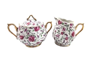 Vintage Norcrest Pink Floral Chintz Sugar Bowl & Creamer Set Gold Trim #L-295 - Picture 1 of 10