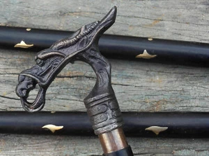 Luxury Dragon Handle Cane Vintage Wooden Shaft Walking Stick for Christmas Day - Picture 1 of 10