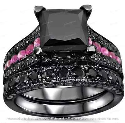 3Ct Princess Cut Lab-Created Black Diamond Bridal Ring Set 14K Black Gold Over - Image 1 of 4