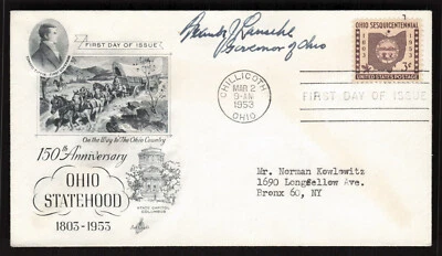 “Governor of Ohio” Frank J. Lausche Signed FDC Envelope Autograph - Image 1 of 2