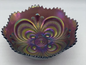 De Colección Imperial Púrpura Amatista Rollo Repujado Carnaval Vidrio Cuenco 7" Diámetro - Imagen 1 de 14