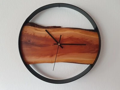 Wanduhr aus Metallring und Kirschenholz, Lautloses Quarzuhrwerk, Größe 36cm - Bild 1 von 2