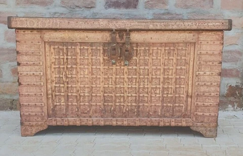 Indian Wooden Trunk Box Vintage Brass fitted wood Chest, Ethnic Handmade Jewelry Cover