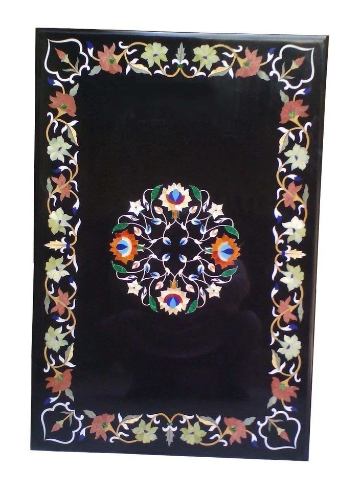 36" x 22" Marble Table Top Semi Precious Stones Floral Inlay Work - Image 1 of 1