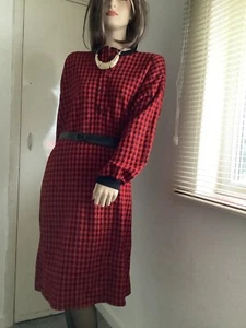 Vintage Nina Rick 1960s Red & Black Hounds Tooth Belted Tea Dress 18 (EU 46) - Picture 1 of 10