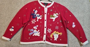 All Points Christmas Sweater Snowman Ramie Cotton Beaded Cardigan Embroidery XL - Picture 1 of 13